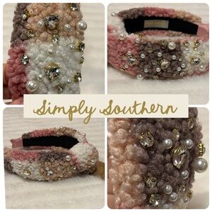 Simply Southern Sherpa Headband Pearlcore Rhinestone Heart Knot Pink Cream